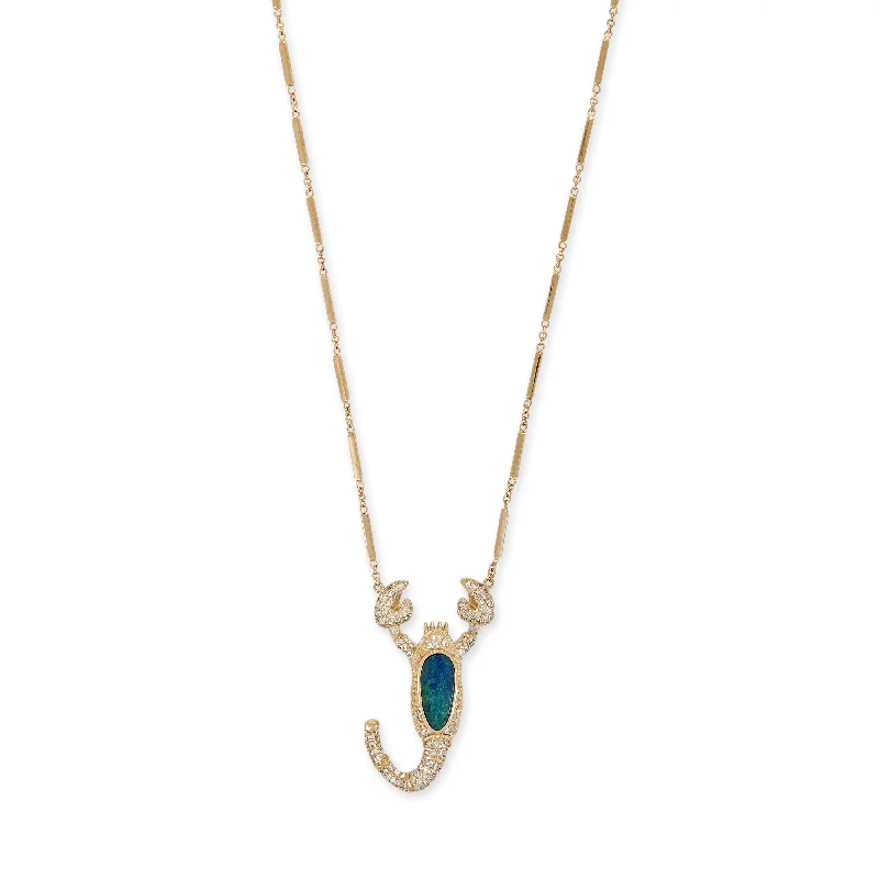 Women's couple necklaces-LARGE OPAL PAVE SCORPION SMOOTH BAR NECKLACE