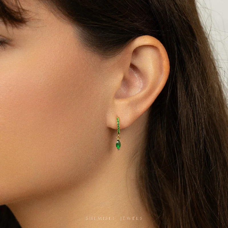 Women's gemstone earrings-Marquise Emerald CZ Drop Hoop Earrings, Huggies, Unisex, Gold, Silver SHEMISLI SH595