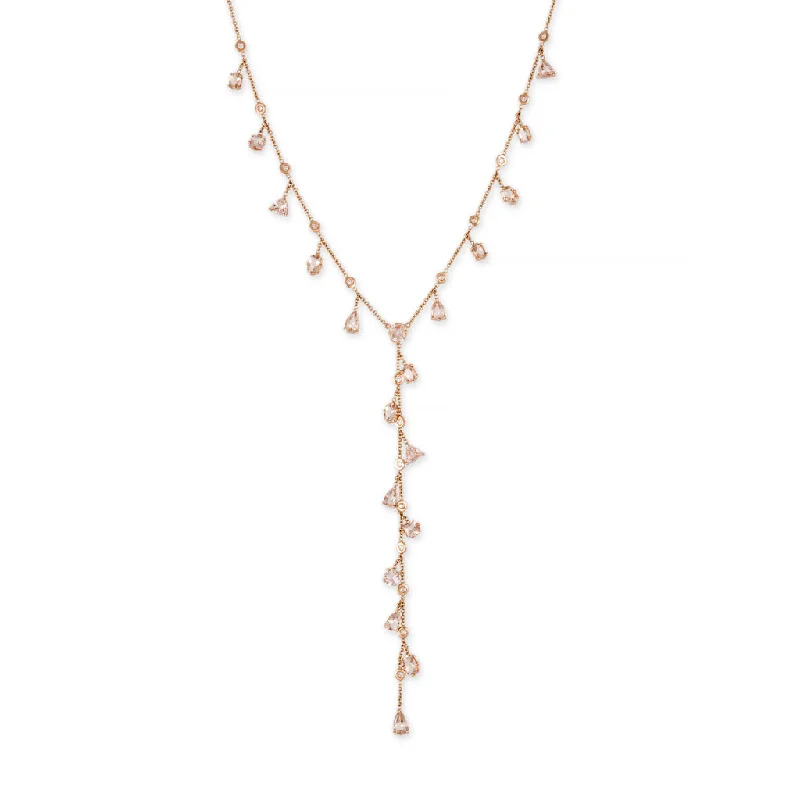 Women's long necklaces-MULTI SHAPE MORGANITE + DIAMOND SHAKER Y NECKLACE