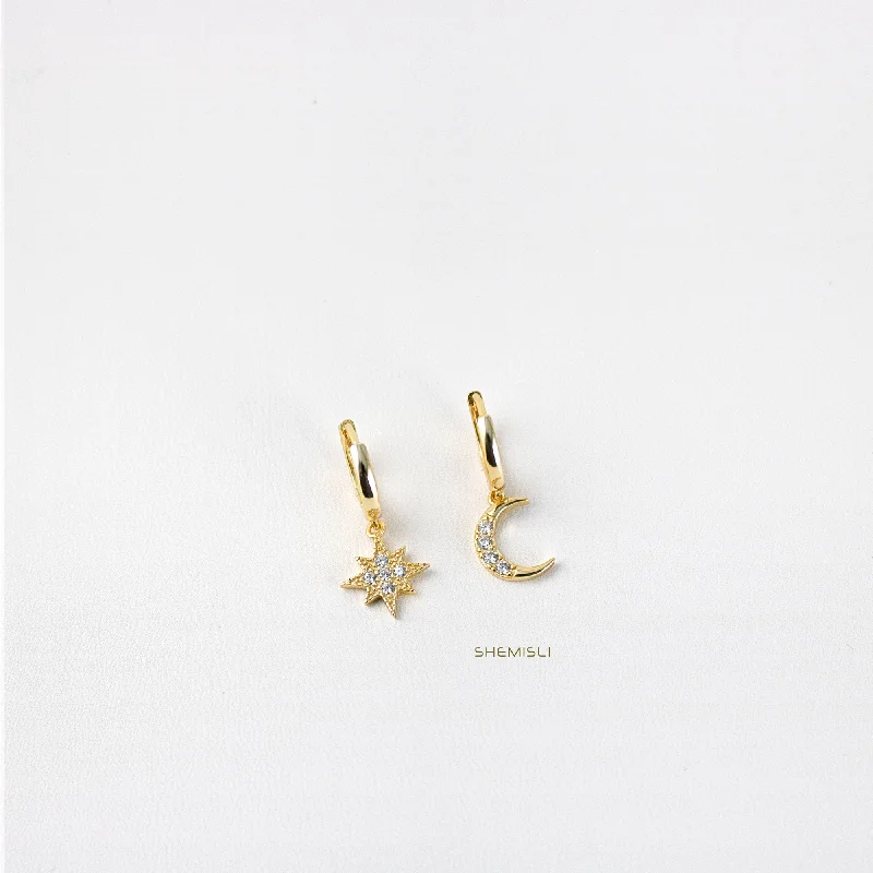 Women's gold-plated earrings-Mismatched Star Moon CZ Drop Hoop Earrings, Huggies, Gold, Silver SHEMISLI SH111