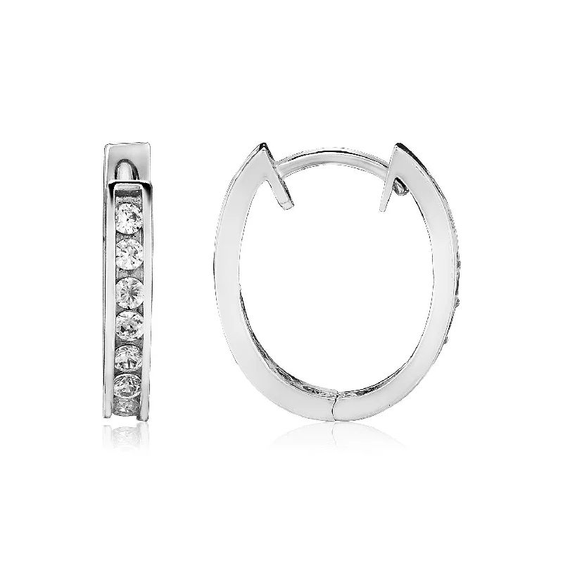 Women's sustainable earrings-Sterling Silver Oval Hoop Earrings with Cubic Zirconias(3x15mm)