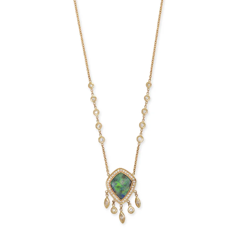 Women's formal necklaces-SMALL PAVE OPAL KITE + MARQUISE AND ROUND DIAMOND SHAKER NECKLACE