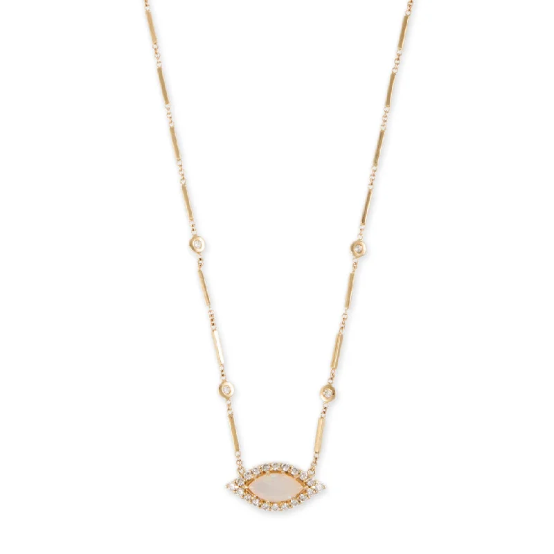 Women's bohemian necklaces-PAVE OPAL CENTER EYE DIAMOND SMOOTH BAR NECKLACE