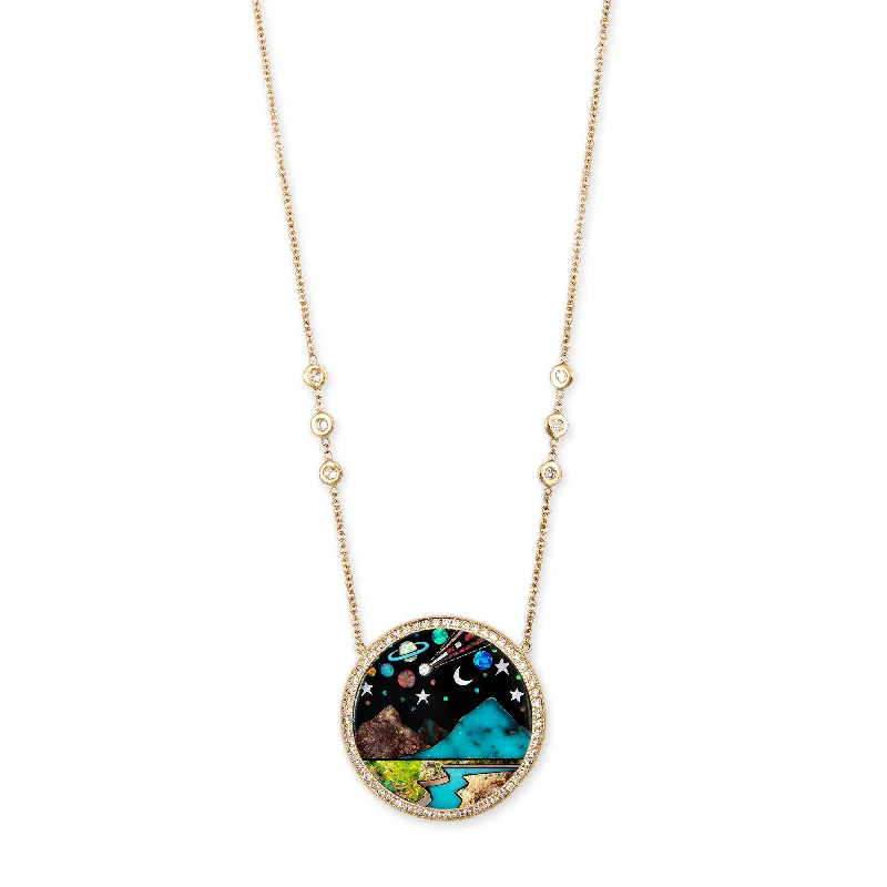 Women's luxury brand necklaces-PAVE ROUND ONYX + OPAL SCENIC GALAXY INLAY NECKLACE