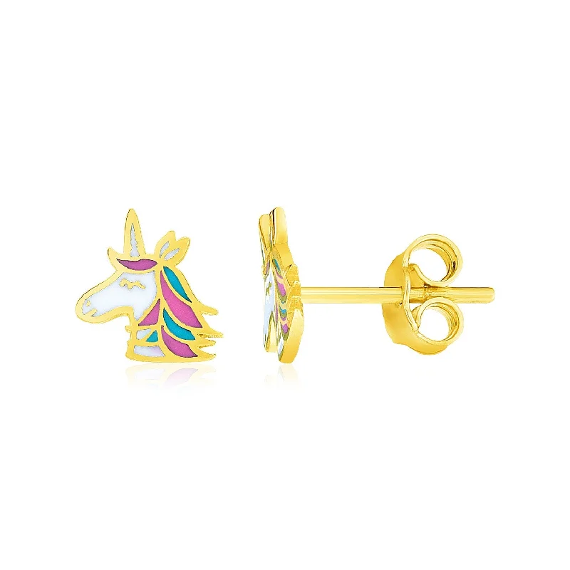 Women's emerald earrings-14k Yellow Gold Enameled Unicorn Childrens Earrings