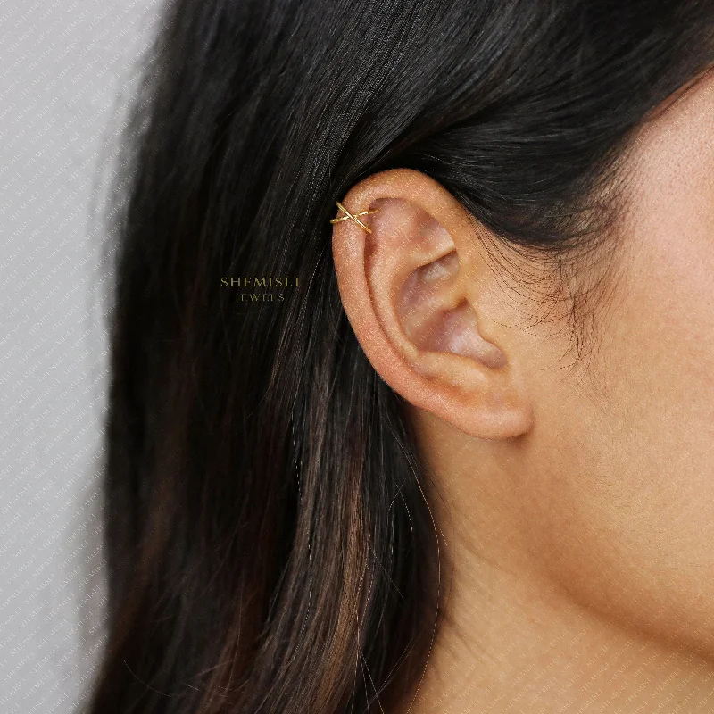 Women's friendship earrings-Tiny Thin Criss Cross Helix Cuff, Upper Ear Cuff, Earring No Piercing is Needed, Unisex, Gold, Silver SHEMISLI - SF048 NOBKG