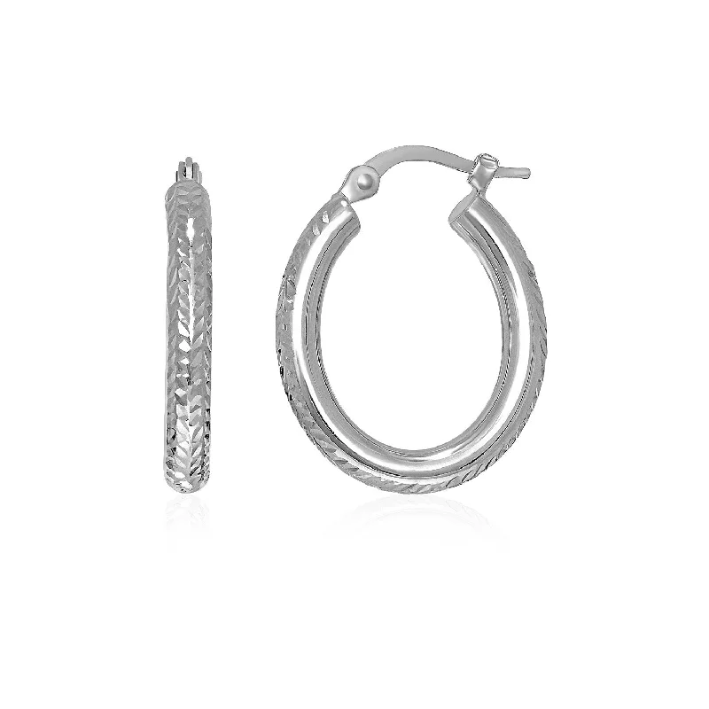 Women's vintage earrings-14k White Gold Diamond Cut Textured Oval Hoop Earrings.