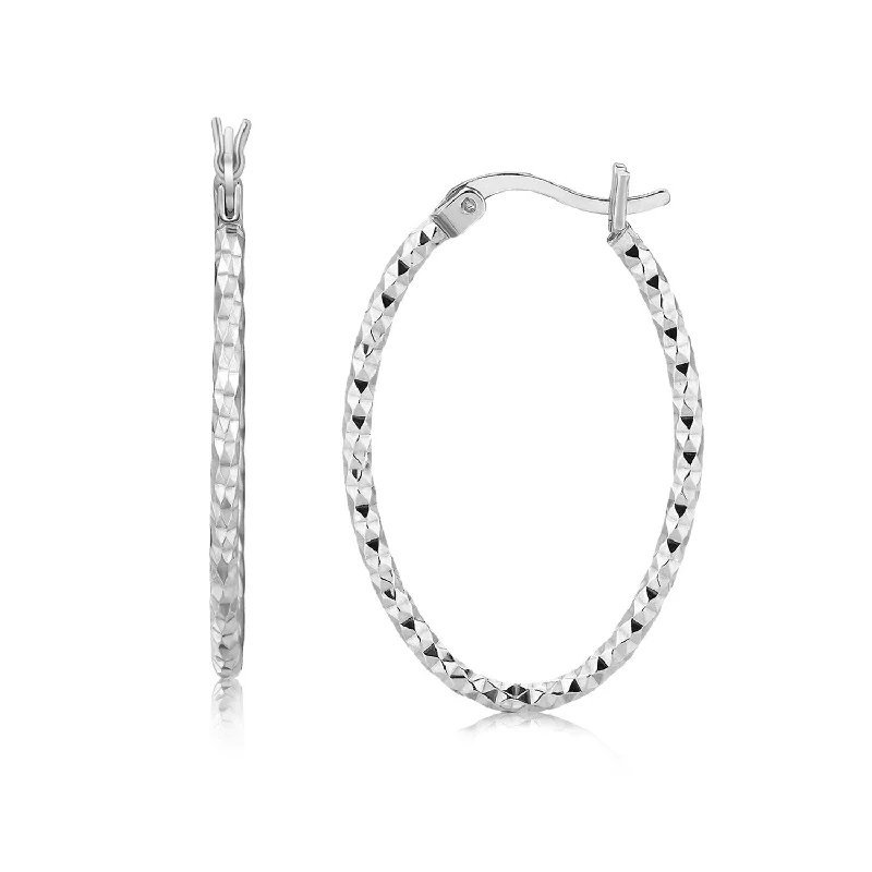 Women's lightweight earrings-Sterling Silver Rhodium Plated Textured Diamond Cut Hoop Earrings(2x25mm)