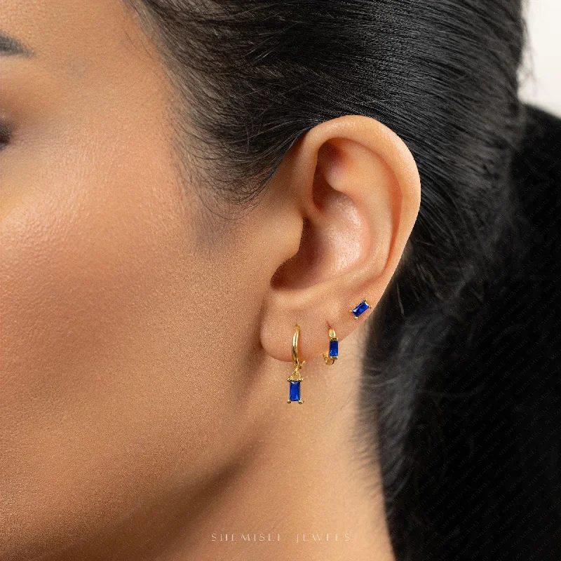 Women's everyday earrings-Sapphire Baguette CZ Studs Huggies Drop Hoop Earrings Stack Set, Unisex, Gold, Silver SHEMISLI SS339, SH395, SH313