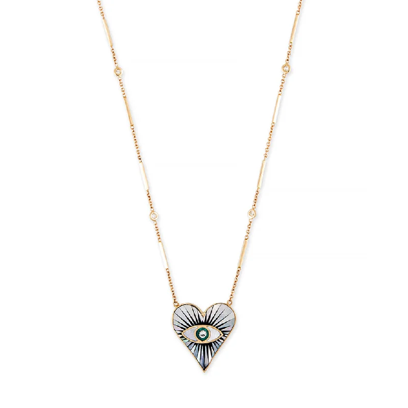 Women's sun necklaces-SMALL PEARL ONYX TURQUOISE INLAY EYE BURST HEART NECKLACE