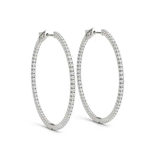 Women's pearl earrings-14k White Gold Slim Two Sided Diamond Hoop Earrings (1 1/2 cttw)