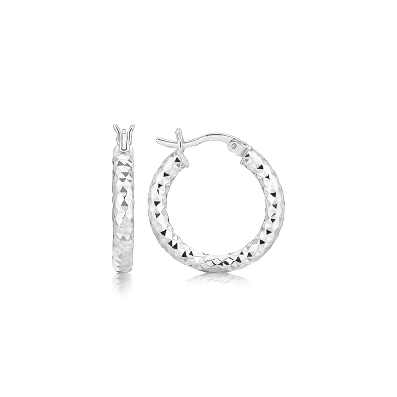 Women's party earrings-Sterling Silver Polished Rhodium Plated Faceted Hoop Style Earrings(3x15mm)