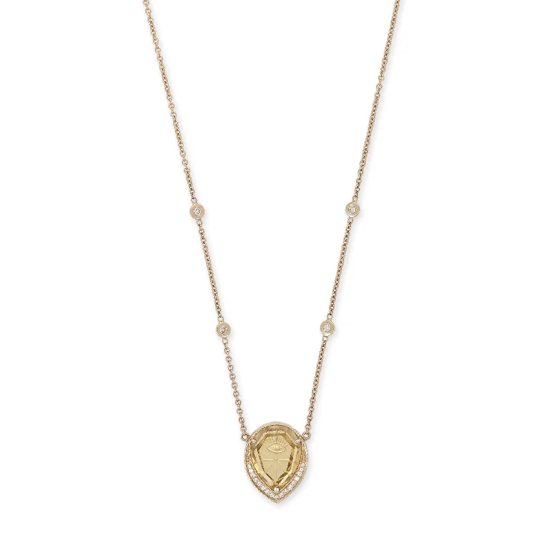 Women's seasonal necklaces-SMALL PAVE CARVED EYE BURST HONEY QUARTZ TEARDROP NECKLACE