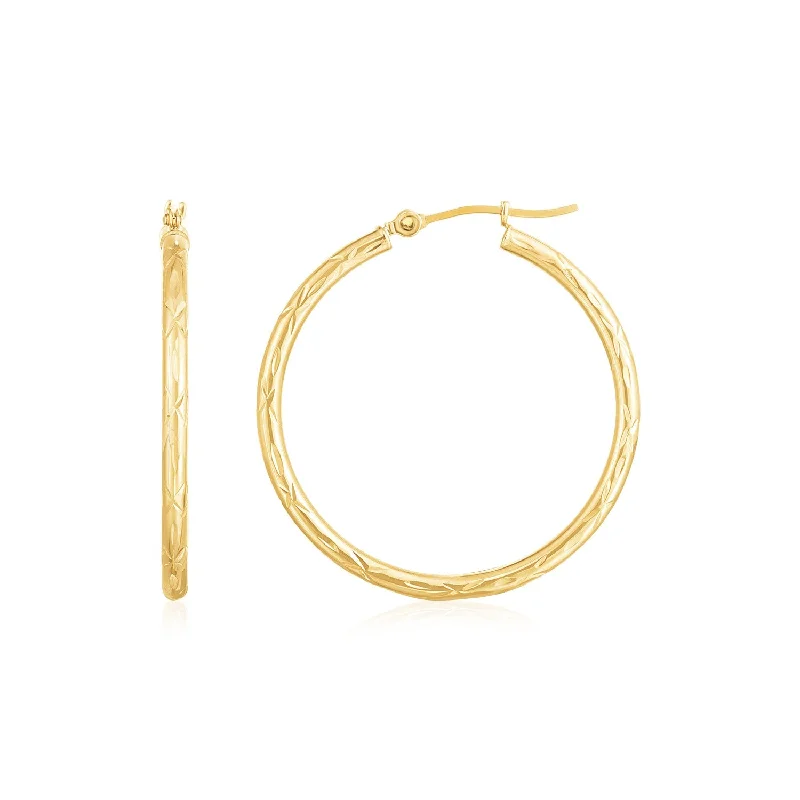 Women's modern design earrings-14K Yellow Gold Diamond Cut Hoop Earrings(2x30mm)