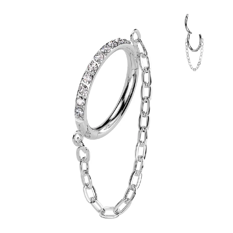 Women's Christmas rings-Titanium High Polish Jewelled Hinged Segment Hoop Ring with Chain Link 16 Gauge - TI-185