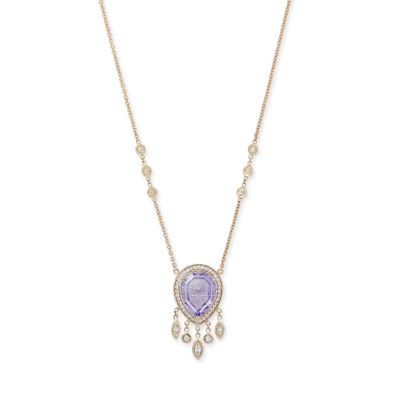 Women's exclusive necklaces-PAVE CARVED EYE BURST AMETHYST TEARDROP SHAKER NECKLACE