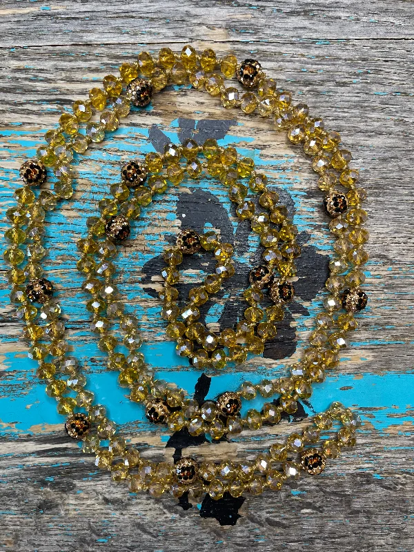 Women's fingerprint necklaces-60" Hand Knotted GOLD Bead Necklace w/ Leopard Crystal Beads