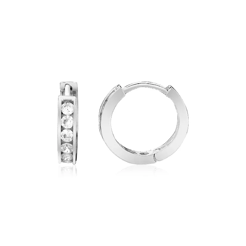 Women's family earrings-Sterling Silver Petite Hoop Earrings with Cubic Zirconias(3x10mm)