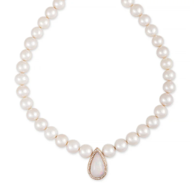 Minimalist women's necklaces-PAVE OPAL TEARDROP CENTER FRESHWATER PEARL BEADED NECKLACE