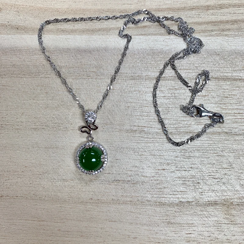 Women's handmade artisan necklaces-Jade and sterling silver necklace with cz and butterfly accents