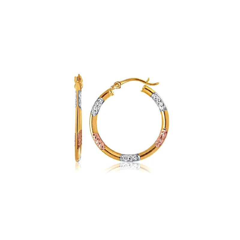 Women's travel earrings-10k Tri-Color Gold Classic Hoop Earrings with Diamond Cut Details(20mm)