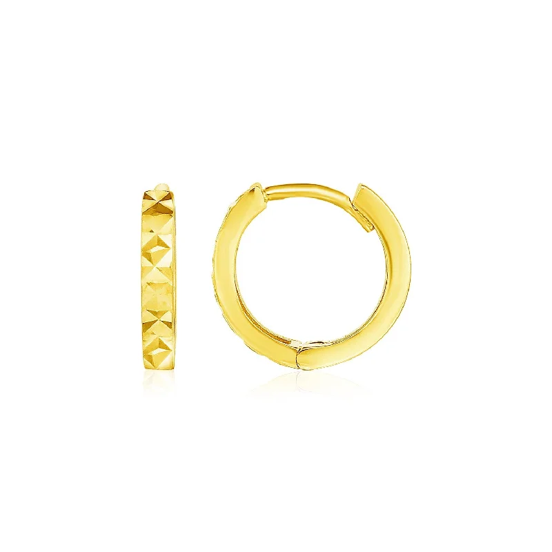 Women's sun earrings-14k Yellow Gold Petite Round Hoop Earrings with Geometric Texture