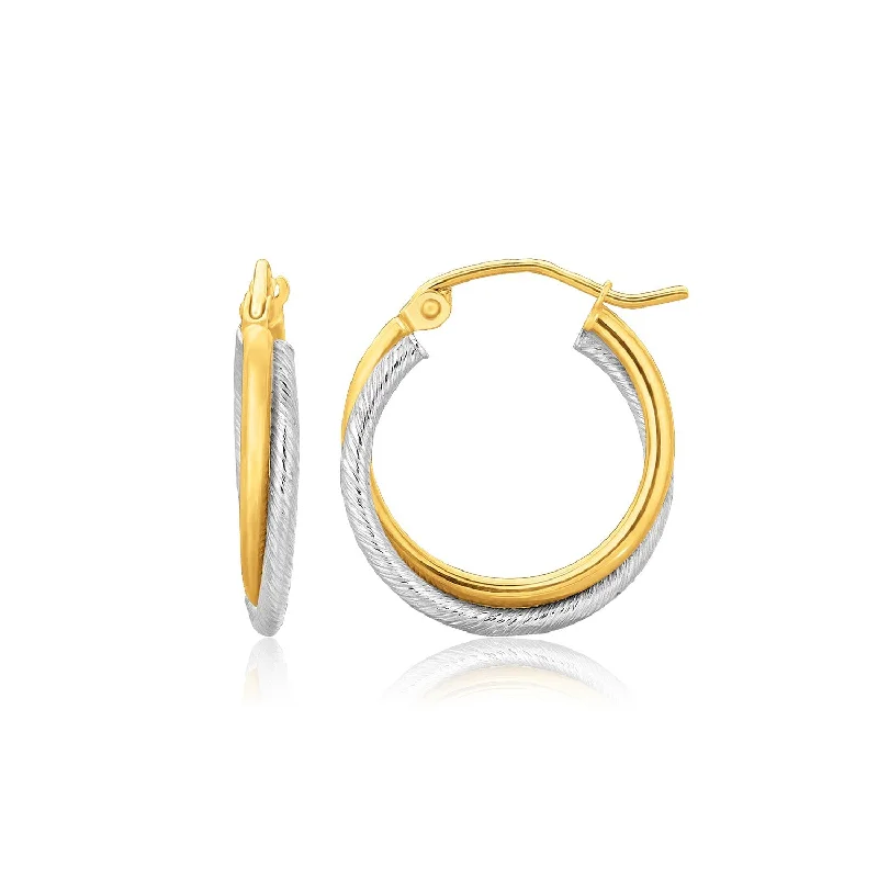 Women's dangle earrings-14k Two Tone Gold Double Polished and Textured Hoop Earrings