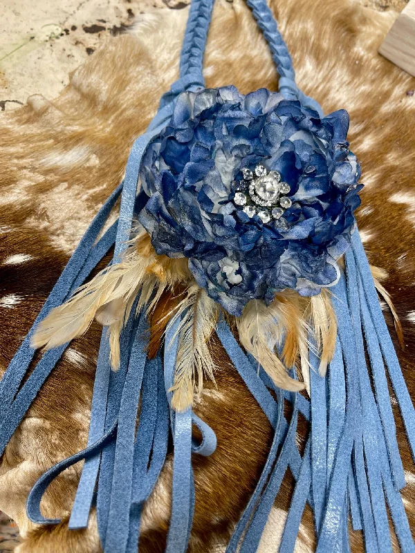 Women's vintage-inspired necklaces-Denim Blue Leather Braided Necklace w/ Fabulous Flower & Feather Pendant