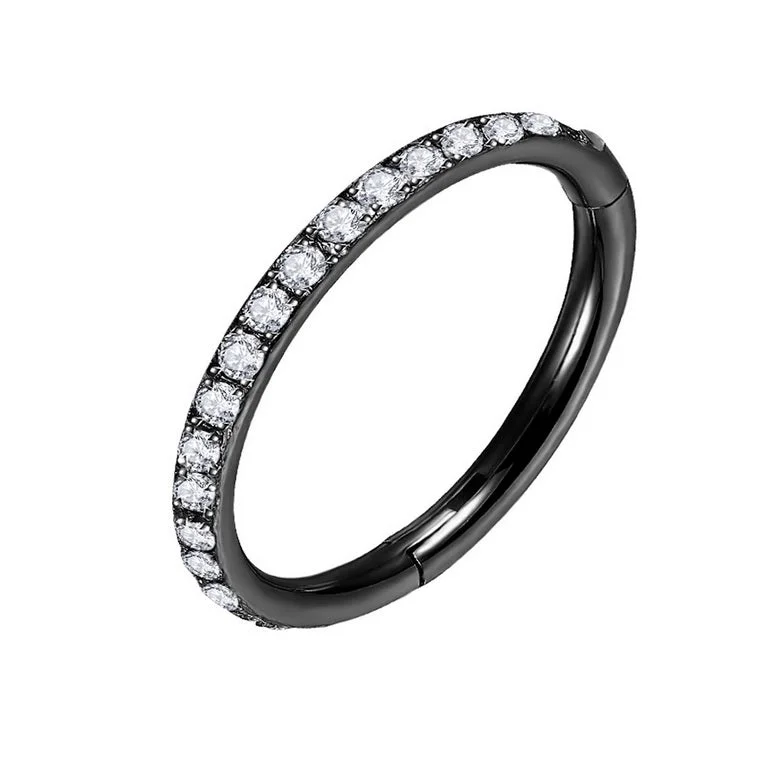 Women's rose gold rings-Titanium Black Jewelled Hinged Segment Hoop Ring 16 Gauge - TI-43B