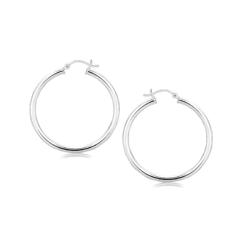 Women's spiritual earrings-Sterling Silver Rhodium Plated Polished Motif Hoop Earrings (3x35mm)