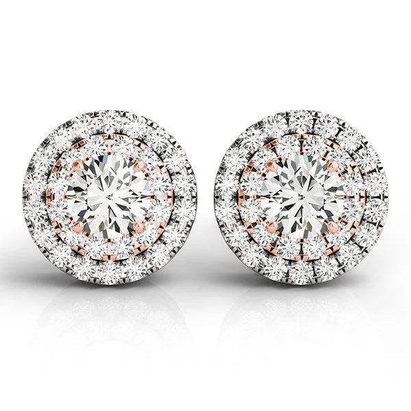 Women's birthstone earrings-14k White and Rose Gold Round Halo Diamond Earrings (3/4 cttw)