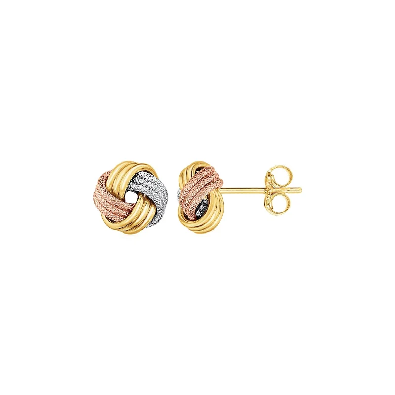 Women's art deco earrings-Love Knot Post Earrings in 14k Tri Color Gold