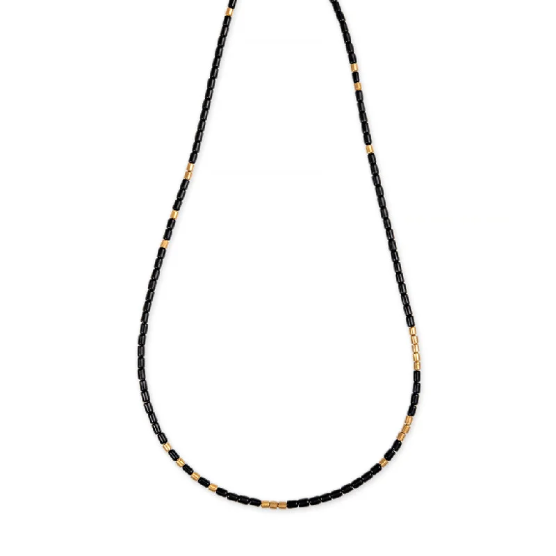 Women's platinum necklaces-24 GOLD BEADS + ONYX TUBE BEADED NECKLACE