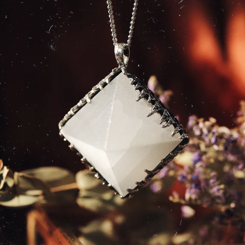 Women's gemstone necklaces-Sacred Selenite Icicle Crystal Pyramid Necklace #22