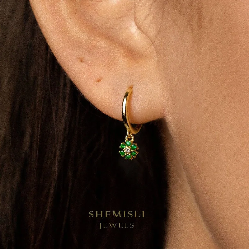 Women's photo earrings-Tiny Emerald Flower CZ Drop Hoop Earrings, Flower Dangle Huggies, Gold, Silver SHEMISLI SH533