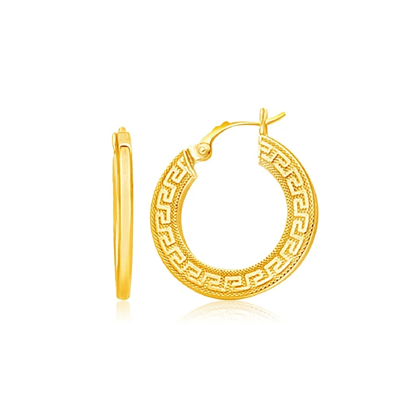 Women's limited edition earrings-14k Yellow Gold Greek Key Medium Hoop Earrings with Flat Sides