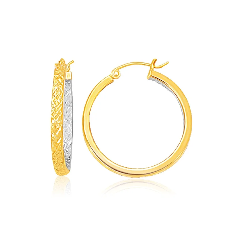 Women's evil eye earrings-Two-Tone Yellow and White Gold Medium Patterned Hoop Earrings(3x30mm)