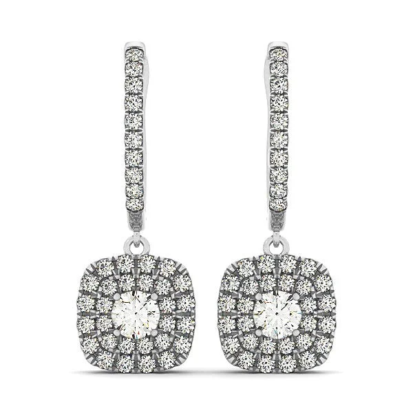 Women's star earrings-14k White Gold Double Halo Cushion Outer Shaped Diamond  Earrings (3/4 cttw)