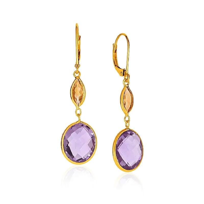 Women's religious earrings-14k Yellow Gold Drop Earrings with Citrine and Amethyst Briolettes