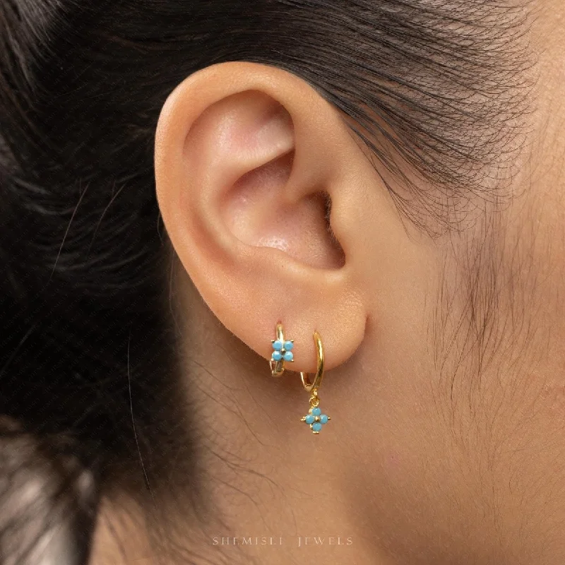 Women's travel earrings-4 leaf Clover Turquoise CZ Drop Hoop Earrings Stack Set, Flower Dangle Huggies, Unisex, Gold, Silver SHEMISLI SH555, SH542