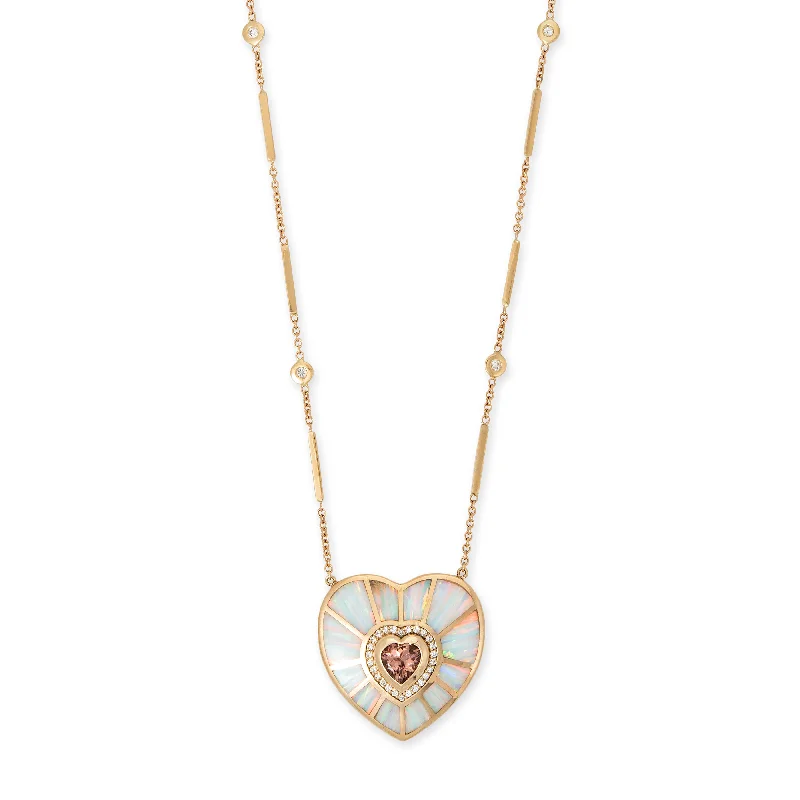 Women's spiritual necklaces-PAVE MORGANITE HEART CENTER + WHITE OPAL INLAY HEART VORTEX SMOOTH BAR NECKLACE