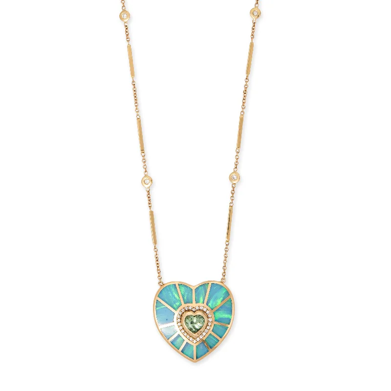 Women's astrology necklaces-PAVE TOURMALINE HEART CENTER + LIGHT GREEN TOURMALINE OPAL INLAY HEART VORTEX SMOOTH BAR NECKLACE