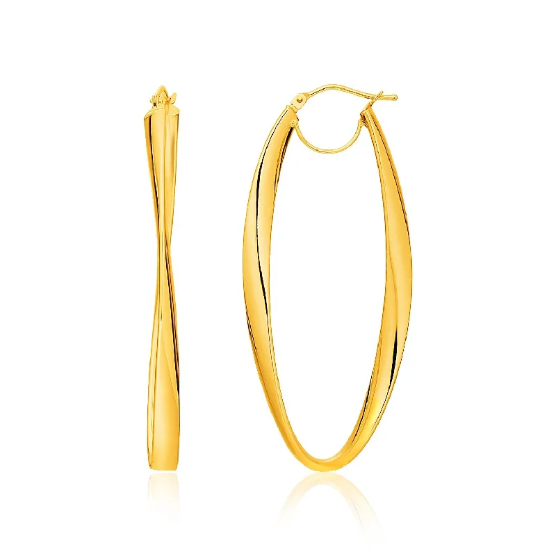 Women's handmade artisan earrings-14k Yellow Gold Twist Motif Oval Shape Hoop Earrings