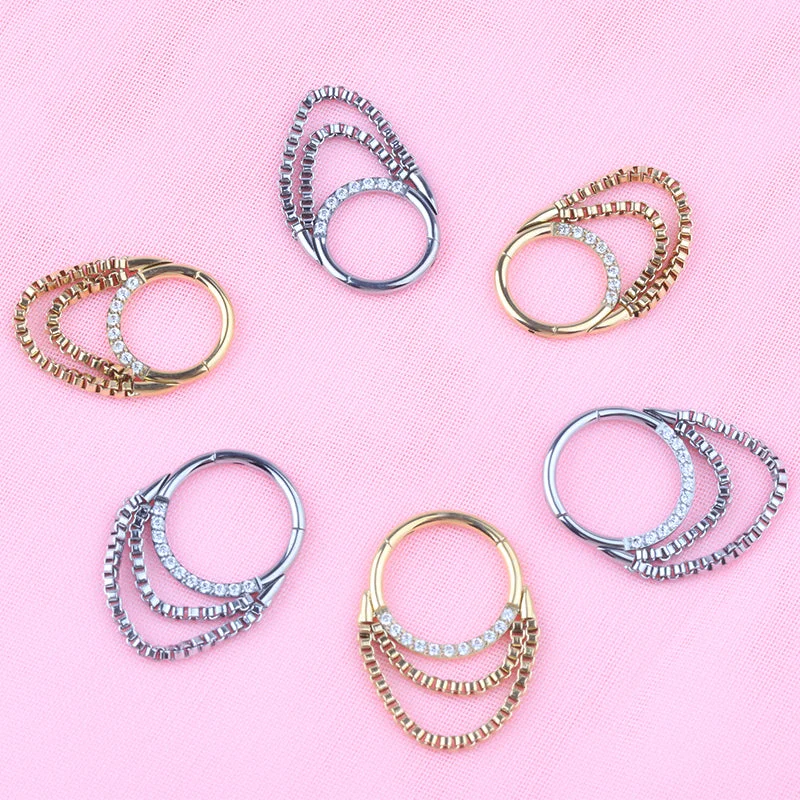 Women's sizeable rings-Titanium High Polish/Gold (Your Choice) Jewelled Hinged Septum/Daith Ring - TI-141/A