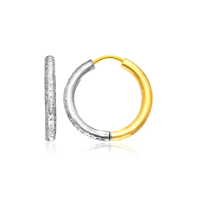 Women's family earrings-14k Two-Tone Gold Hoop Earrings with Textured Style(2.5x15mm)