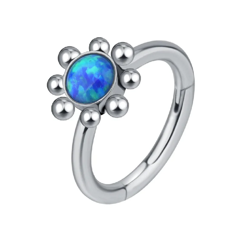 Women's stainless steel rings-Titanium High Polish Opal Jewelled Hinged Ring - T98