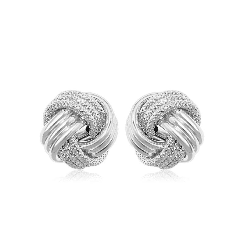 Women's charm earrings-14k White Gold Love Knot with Ridge Texture Earrings