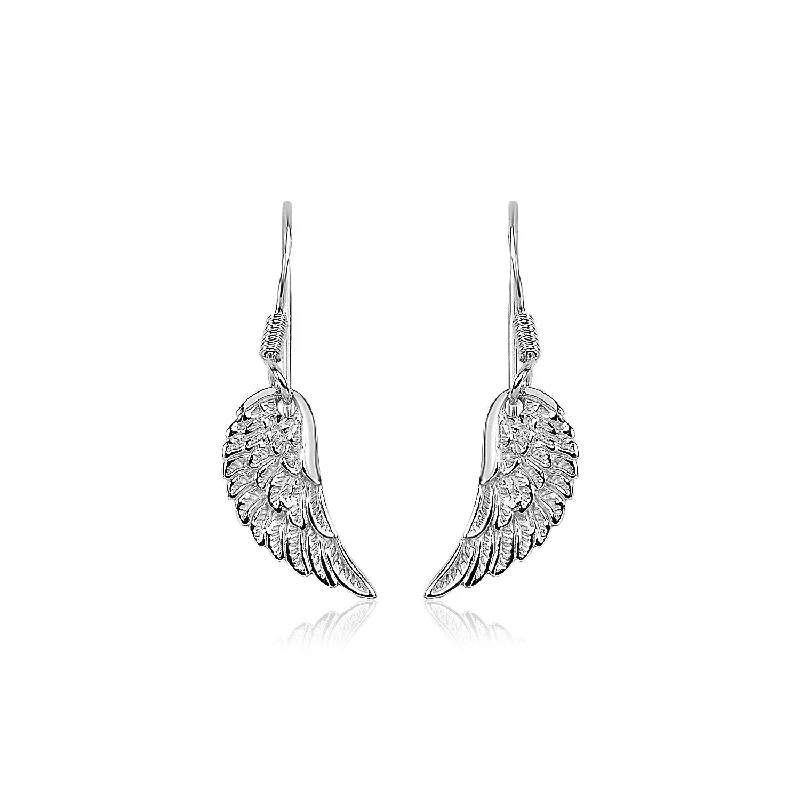 Women's DNA earrings-Sterling Silver Textured Angel Wing Earrings