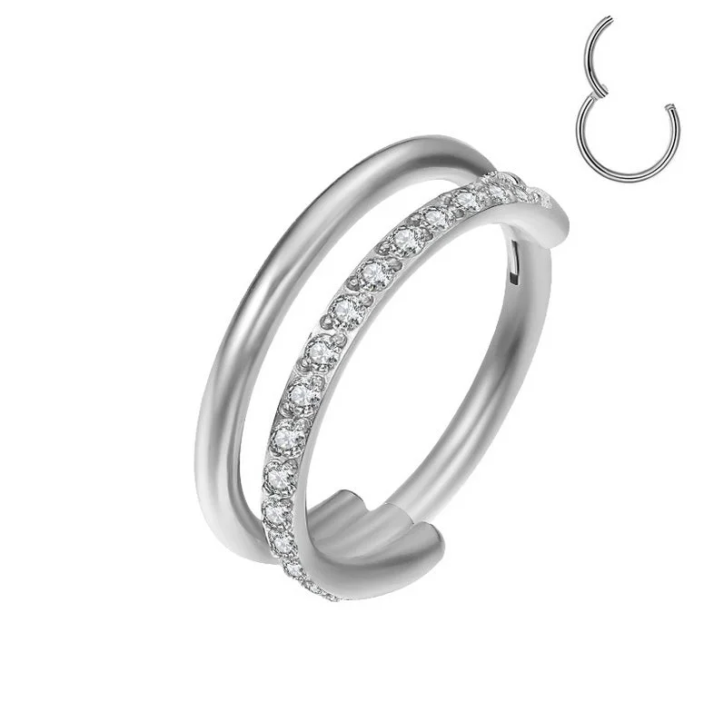 Women's alloy rings-Titanium High Polish Jewelled Double Hoop Hinged Ring - TI-501