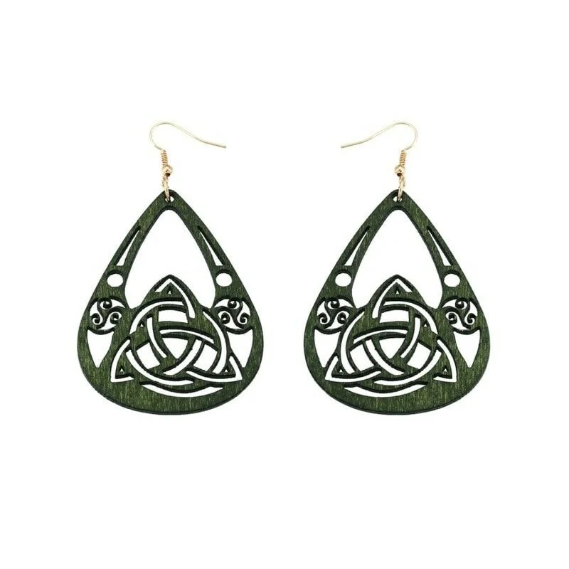 Women's statement earrings-Celtic Green Wooden Triquetra Triskelion Earrings